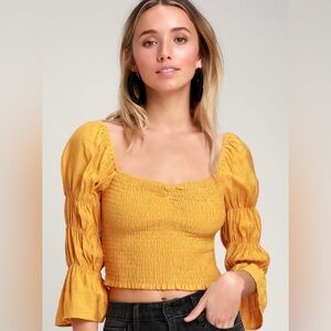 LULUS Savia Mustard Yellow Smocked Puff Sleeve Crop Top medium